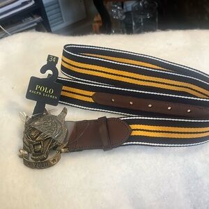 Ralph Lauren Polo belt. Size 34. NWT leather trim. Navy gold& white acrylic body